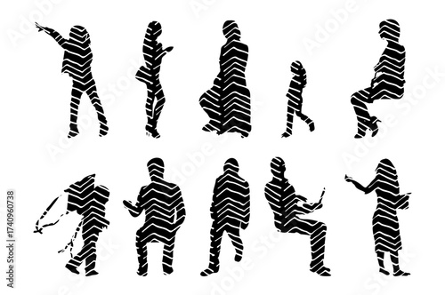 Vector illustration, Outline silhouettes of people, Contour drawing, people silhouette, Icon Set Isolated , Silhouette of sitting people, Architectural set