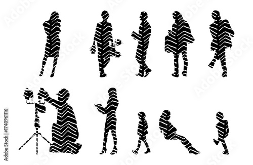 Vector illustration, Outline silhouettes of people, Contour drawing, people silhouette, Icon Set Isolated , Silhouette of sitting people, Architectural set