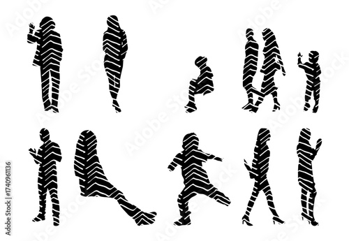 Vector illustration, Outline silhouettes of people, Contour drawing, people silhouette, Icon Set Isolated , Silhouette of sitting people, Architectural set