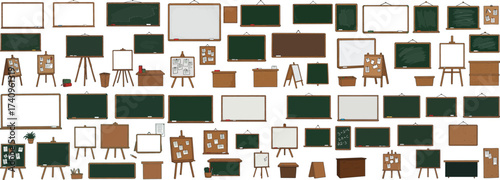 A diverse collection of chalkboards and display boards in various styles and shapes.