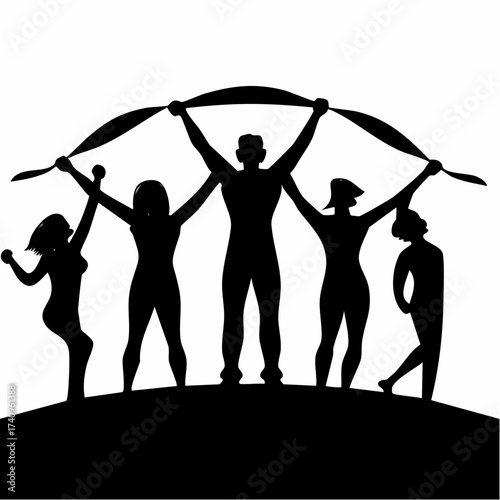 Unity Silhouette: A dynamic silhouette of figures holding an arc together, symbolizing teamwork, solidarity, and collective strength. This striking image represents the power of collaboration.