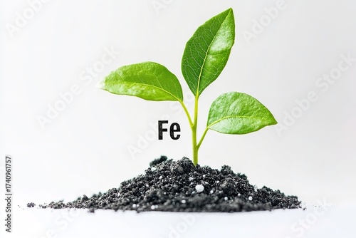 Iron deficiency in plants symbol Fe on green seedling growing in soil, Generative AI.