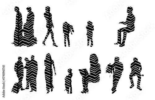 Vector illustration, Outline silhouettes of people, Contour drawing, people silhouette, Icon Set Isolated , Silhouette of sitting people, Architectural set