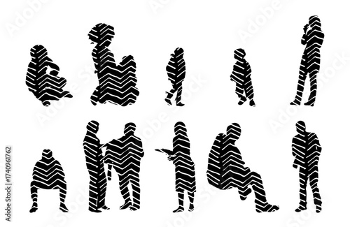 Vector illustration, Outline silhouettes of people, Contour drawing, people silhouette, Icon Set Isolated , Silhouette of sitting people, Architectural set