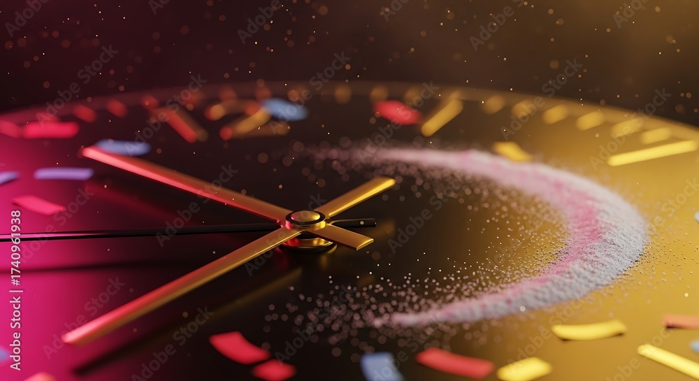 Obraz premium Dramatic Clock Face with Golden Hands and Confetti Marking Time Passing, Conceptual New Year Celebration