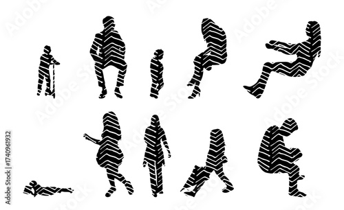 Vector illustration, Outline silhouettes of people, Contour drawing, people silhouette, Icon Set Isolated , Silhouette of sitting people, Architectural set