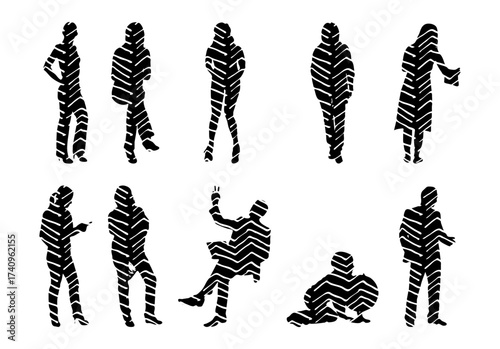 Vector illustration, Outline silhouettes of people, Contour drawing, people silhouette, Icon Set Isolated , Silhouette of sitting people, Architectural set