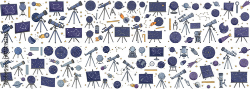 Colorful space-themed illustrations featuring telescopes, planets, and constellations.