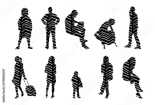 Vector illustration, Outline silhouettes of people, Contour drawing, people silhouette, Icon Set Isolated , Silhouette of sitting people, Architectural set