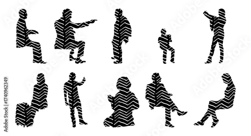Vector illustration, Outline silhouettes of people, Contour drawing, people silhouette, Icon Set Isolated , Silhouette of sitting people, Architectural set