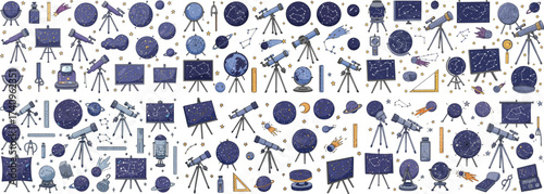 A vibrant collection of telescopes and celestial charts, perfect for astronomy enthusiasts and learners.