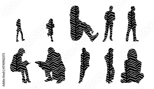 Vector illustration, Outline silhouettes of people, Contour drawing, people silhouette, Icon Set Isolated , Silhouette of sitting people, Architectural set