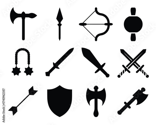 Set of 12 black silhouette medieval weapons icons for vector graphics eps scalable illustrations silhouette vector illustration white background