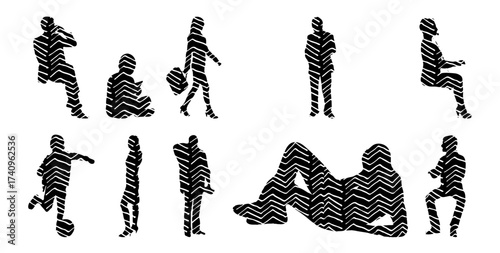 Vector illustration, Outline silhouettes of people, Contour drawing, people silhouette, Icon Set Isolated , Silhouette of sitting people, Architectural set