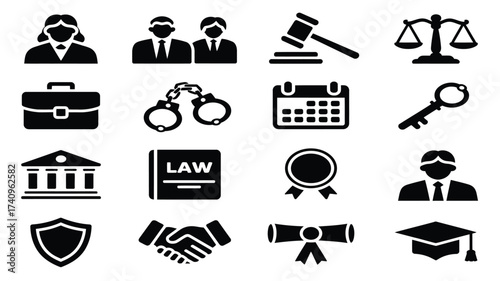 Set of 16 black and white legal and justice icons vector illustration scalable eps silhouette vector illustration white background