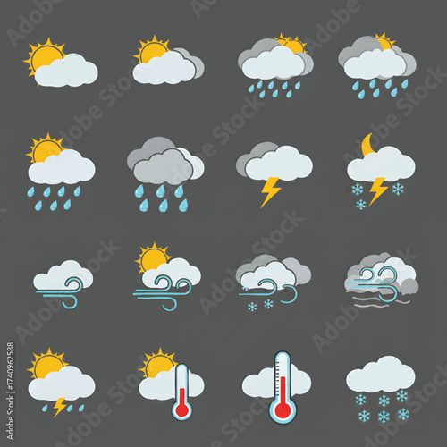 Weather Icons Set Various weather conditions and symbols for meteorological forecasting and reports
