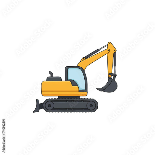 Detailed yellow excavator illustration for construction and industrial earthmoving tasks, a powerful heavy machinery graphic representing engineering, digging, and site development projects