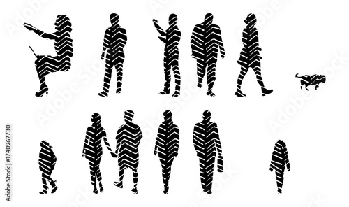 Vector illustration, Outline silhouettes of people, Contour drawing, people silhouette, Icon Set Isolated , Silhouette of sitting people, Architectural set