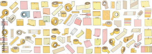 Colorful collection of various tapes and sticky notes in pastel shades for creative projects.