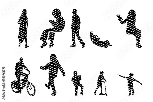 Vector illustration, Outline silhouettes of people, Contour drawing, people silhouette, Icon Set Isolated , Silhouette of sitting people, Architectural set
