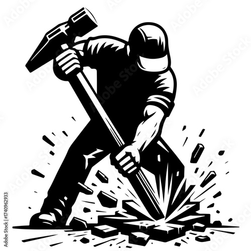 Illustration of a construction worker breaking rocks with a hammer in black and white design style art