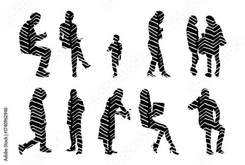 Vector illustration, Outline silhouettes of people, Contour drawing, people silhouette, Icon Set Isolated , Silhouette of sitting people, Architectural set