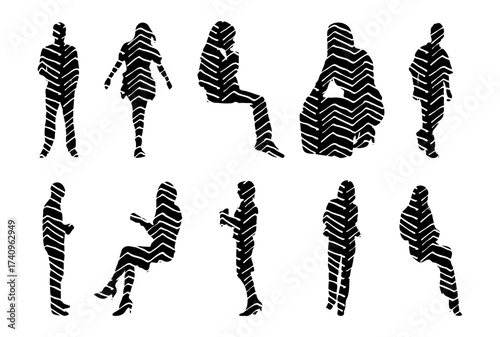 Vector illustration, Outline silhouettes of people, Contour drawing, people silhouette, Icon Set Isolated , Silhouette of sitting people, Architectural set