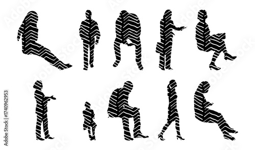 Vector illustration, Outline silhouettes of people, Contour drawing, people silhouette, Icon Set Isolated , Silhouette of sitting people, Architectural set