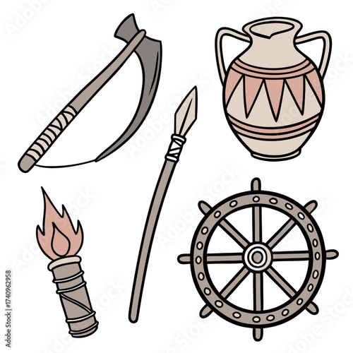 Collection of ancient artifacts including a bow spear amphora torch and ship s wheel