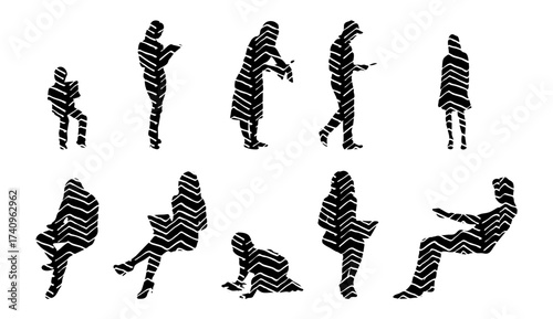 Vector illustration, Outline silhouettes of people, Contour drawing, people silhouette, Icon Set Isolated , Silhouette of sitting people, Architectural set