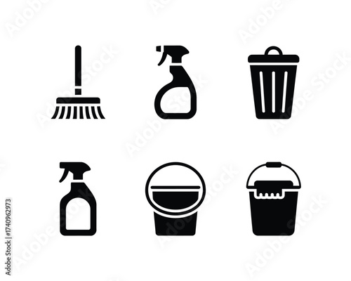 Set of six black and white cleaning service icons vector illustration scalable eps graphic elements silhouette vector illustration white background