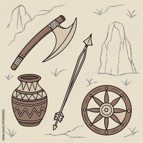 Collection of ancient artifacts including axe arrow pottery and wheel on a textured background