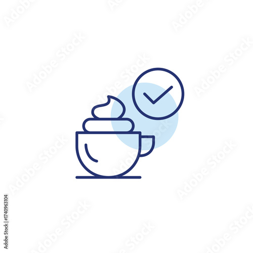 Latte with whipped cream and checkmark. Pixel perfect, editable stroke vector icon