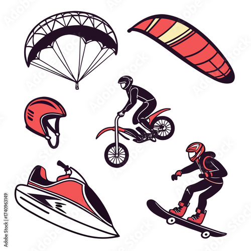 Collection of diverse extreme sports equipment and athletes in dynamic action poses illustrated with bold lines and vibrant colors