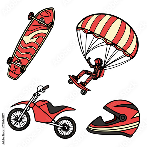 Collection of extreme sports equipment and gear including a skateboard parachute motorcycle and helmet