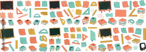 Colorful educational elements featuring books, chalkboards, and stationery supplies.