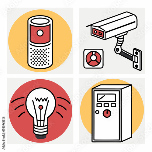Collection of smart home technology icons including a smart speaker security camera light bulb and control panel