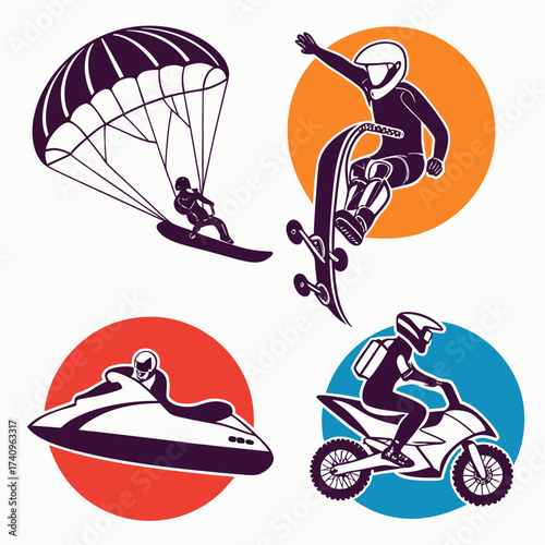 Collection of stylized action sport icons featuring paragliding skateboarding jet skiing and motocross