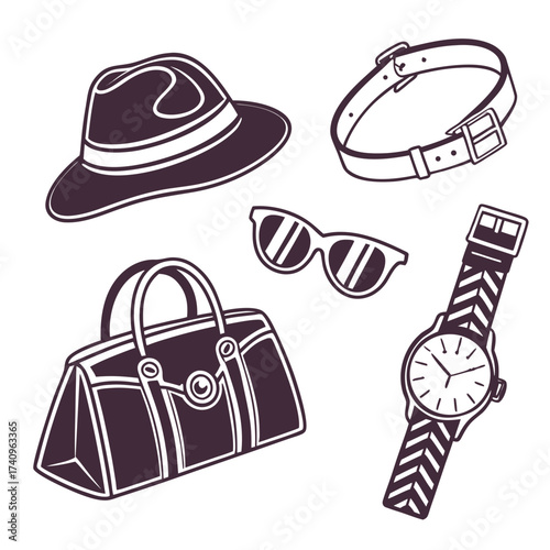 Collection of stylish men s accessories including a fedora hat duffel bag sunglasses watch and belt