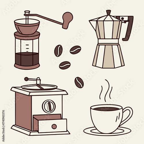 Collection of vintage coffee making equipment including grinders moka pot and a steaming cup of coffee