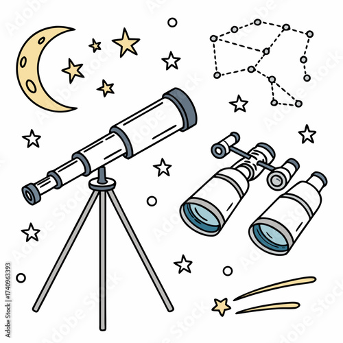 Cute hand drawn illustration of telescopes moon stars and a constellation for astronomy and space exploration