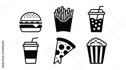 Vector illustration of six classic fast food icons for scalable eps designs silhouette vector illustration white background