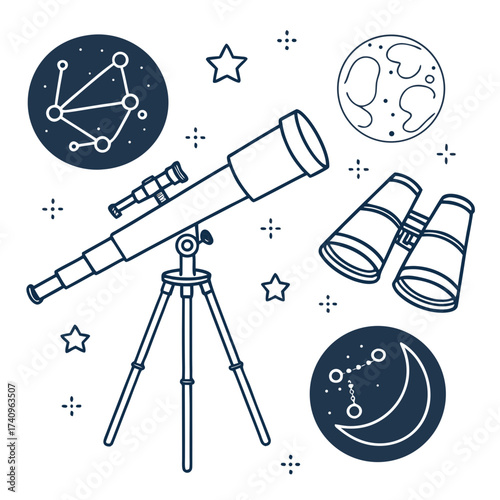 Illustration of telescope and binoculars for stargazing with celestial bodies and constellations in the night sky