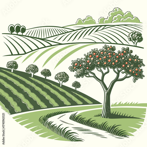 Rolling green hills and cultivated fields with a fruit tree laden with ripe fruit and a winding path