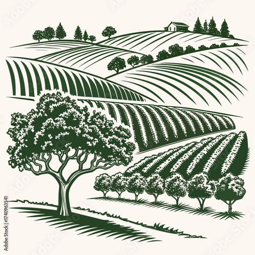 Rolling green hills with cultivated fields and a large tree in the foreground