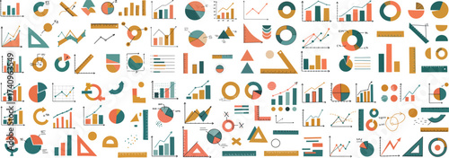 A collection of colorful data visualization icons illustrating various chart types and graphs.
