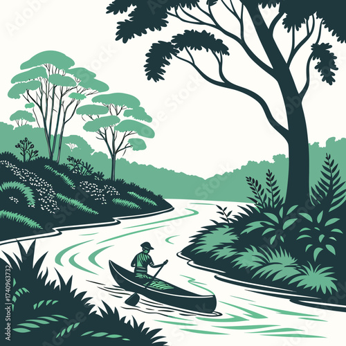 Stylized illustration of a lone canoeist paddling down a winding river through a lush green forest landscape