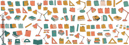 Colorful illustration of study materials, including books, lamps, and stationery items.