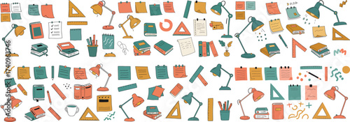 Colorful office supplies and lamps, showcasing a creative workspace vibe.