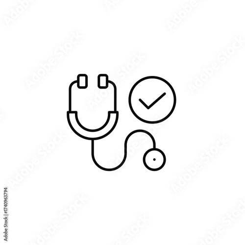 Stethoscope and checkmark. Health insurance and safety. Medical checkup. Pixel perfect, editable stroke vector icon